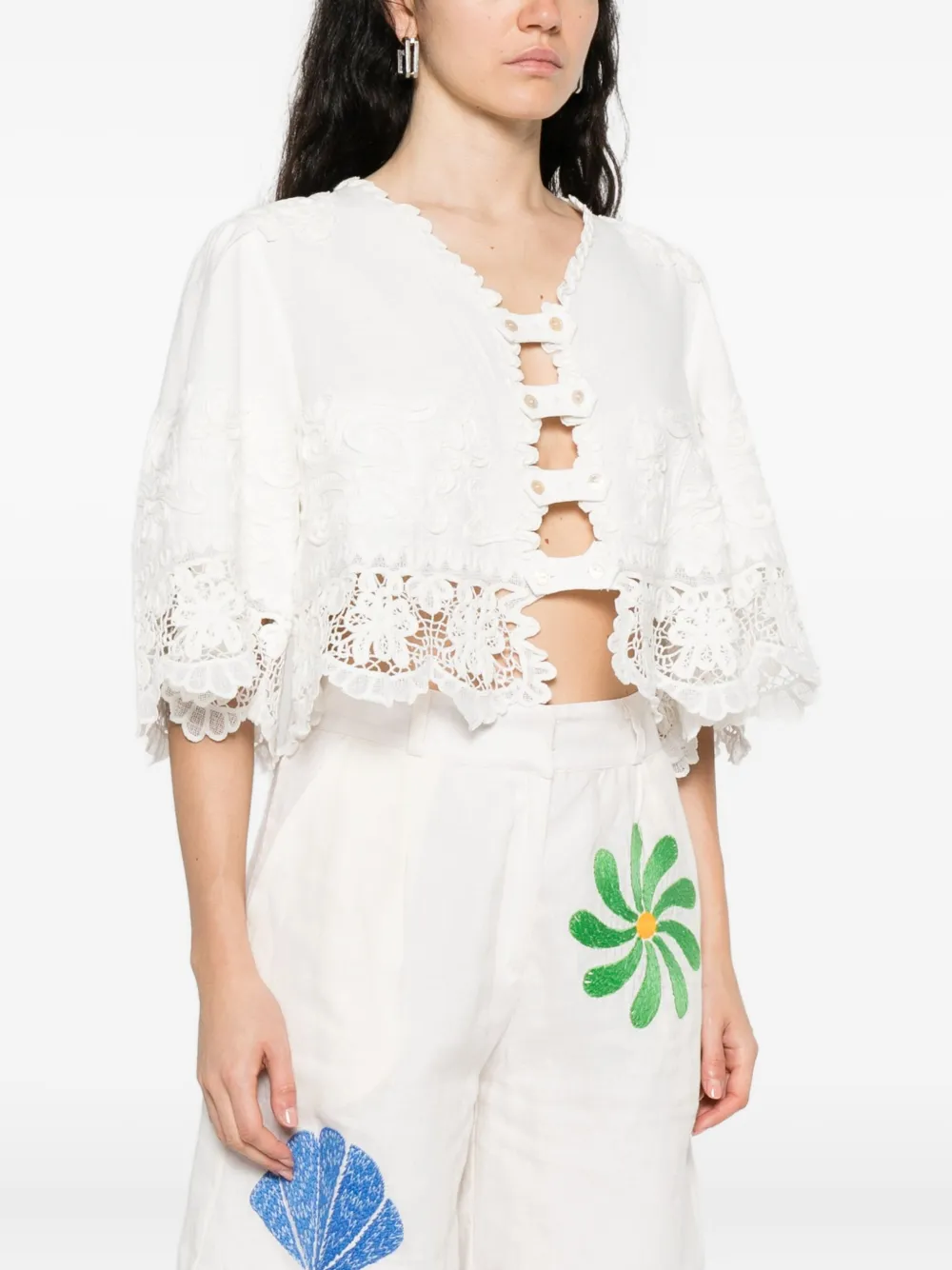 Sea Lace-trimmed Buttoned Blouse In White