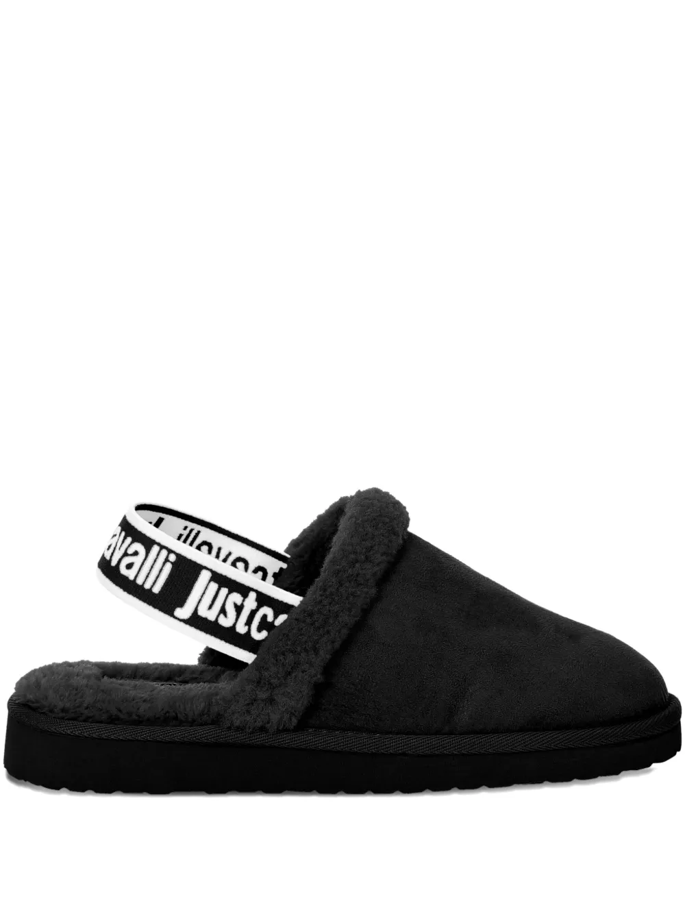Just Cavalli Slippers in pelle di pecora con cinturino logato - Nero