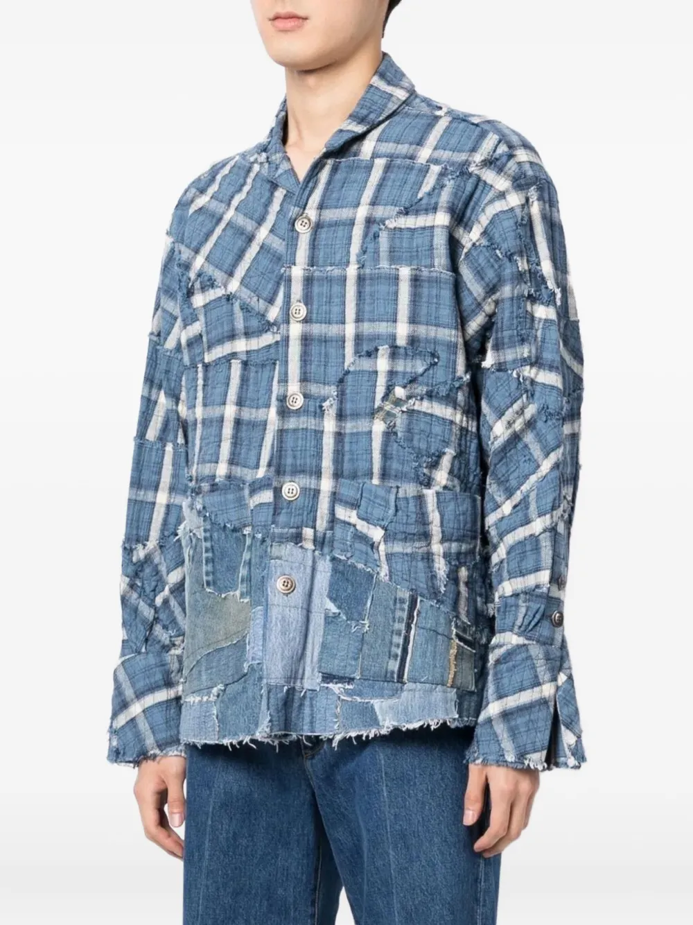 Greg Lauren patchwork checked shirt Blauw