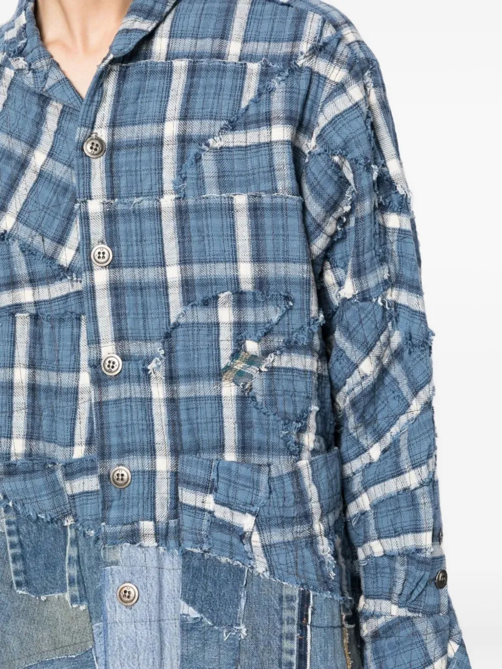 Greg Lauren patchwork checked shirt Blauw