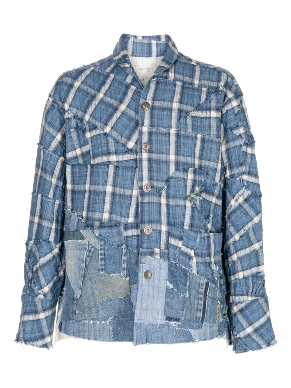 Greg Lauren patchwork checked shirt Blauw