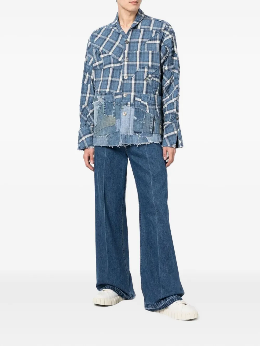 Greg Lauren patchwork checked shirt Blauw