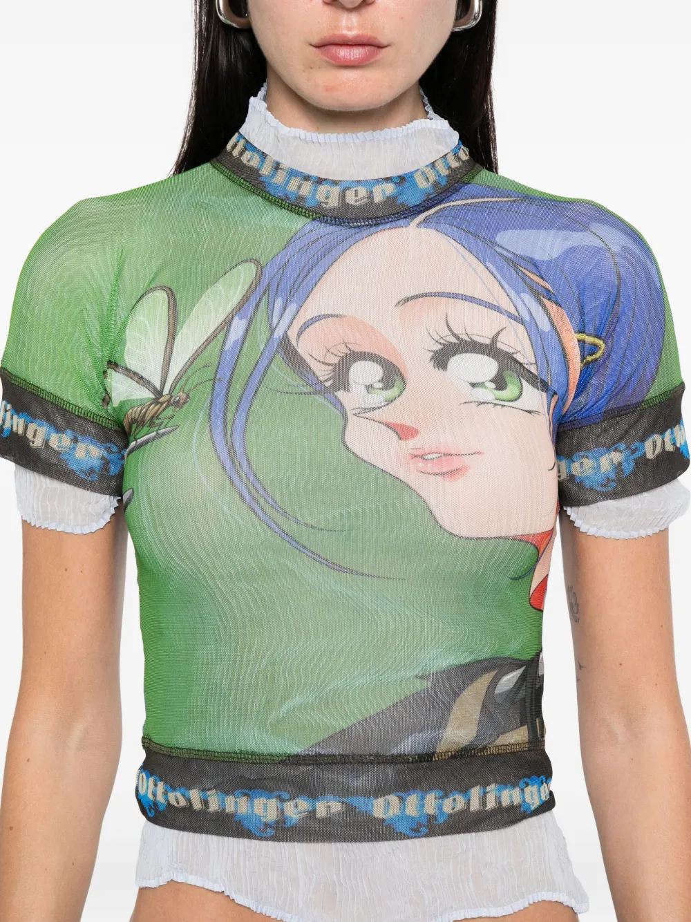 Ottolinger anime-print mesh top Zwart
