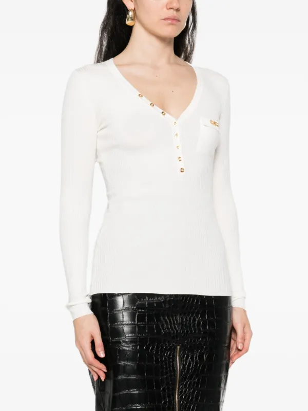 【★完売必至★】ELISABETTA FRANCHI ☆ ビスコースTシャツ Elisabetta Franchi button-detailed Ribbed Top | White | FARFETCH