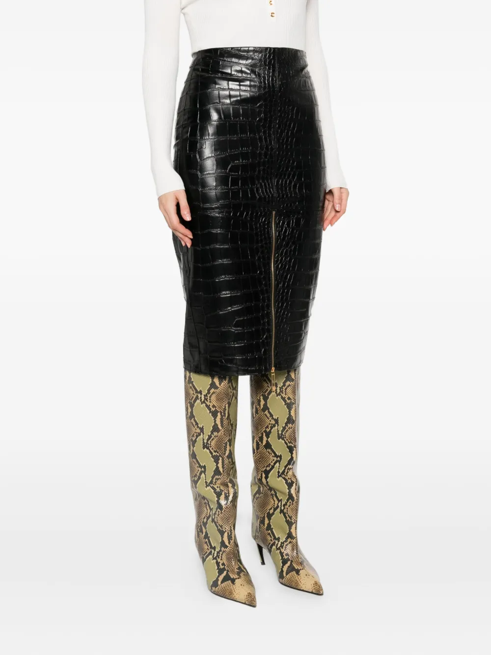Elisabetta Franchi crocodile-effect zip-front skirt Zwart