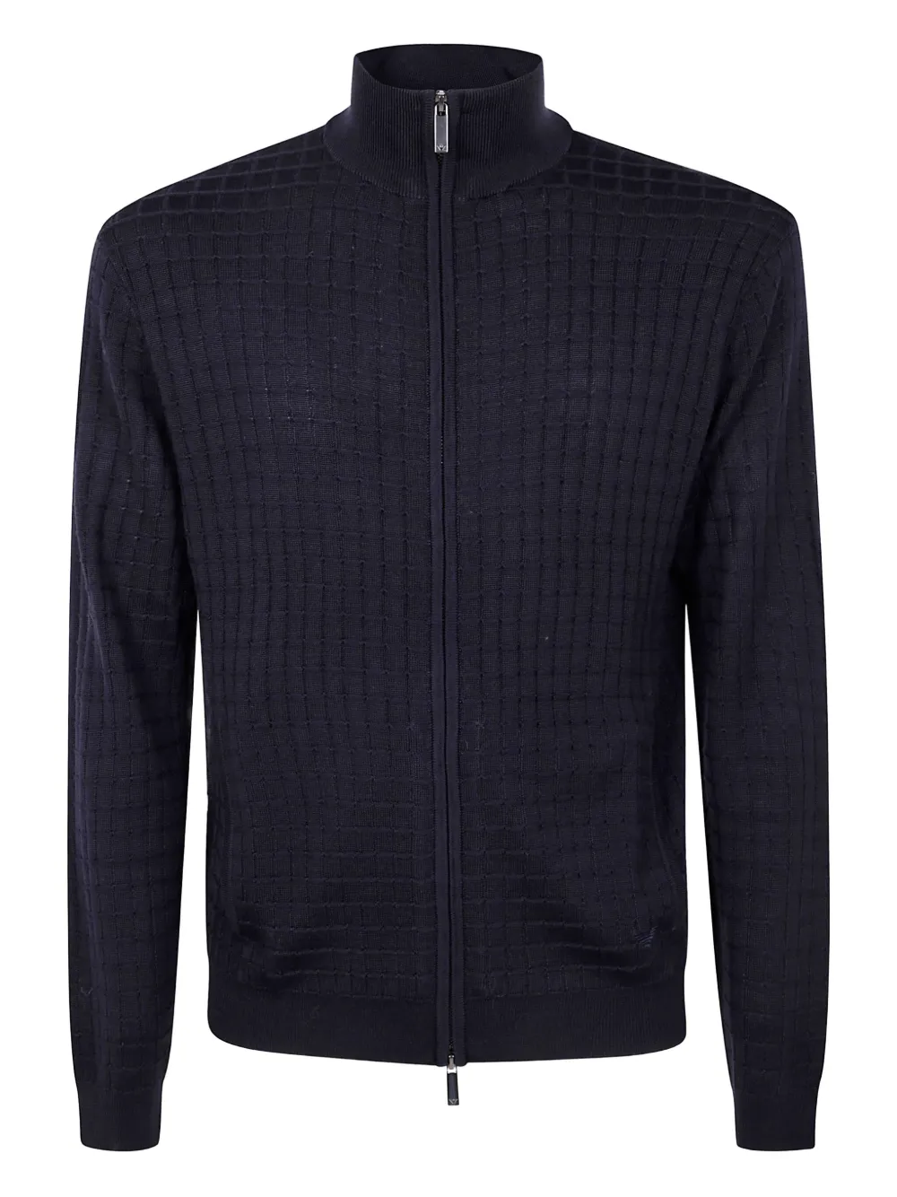 grid-pattern zip-up cardigan