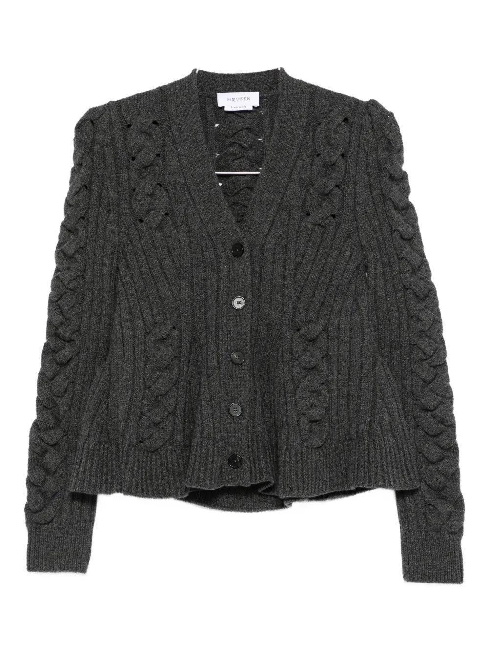 Alexander Mcqueen Peplum-hem Cable-knit Cardigan In Gray