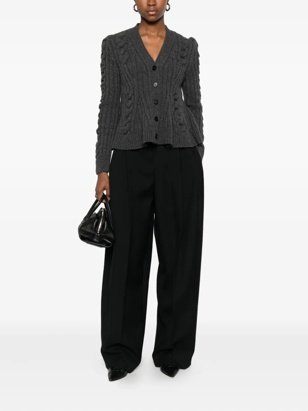 Alexander Mcqueen Peplum-hem Cable-knit Cardigan In Gray
