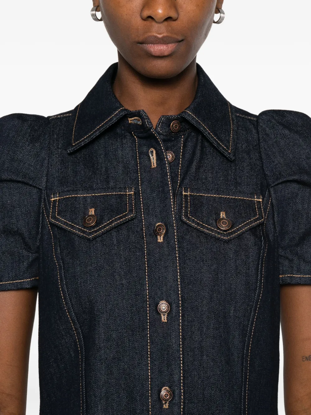 Alexander Mcqueen Puff-sleeve Button-front Denim Dress In Blue