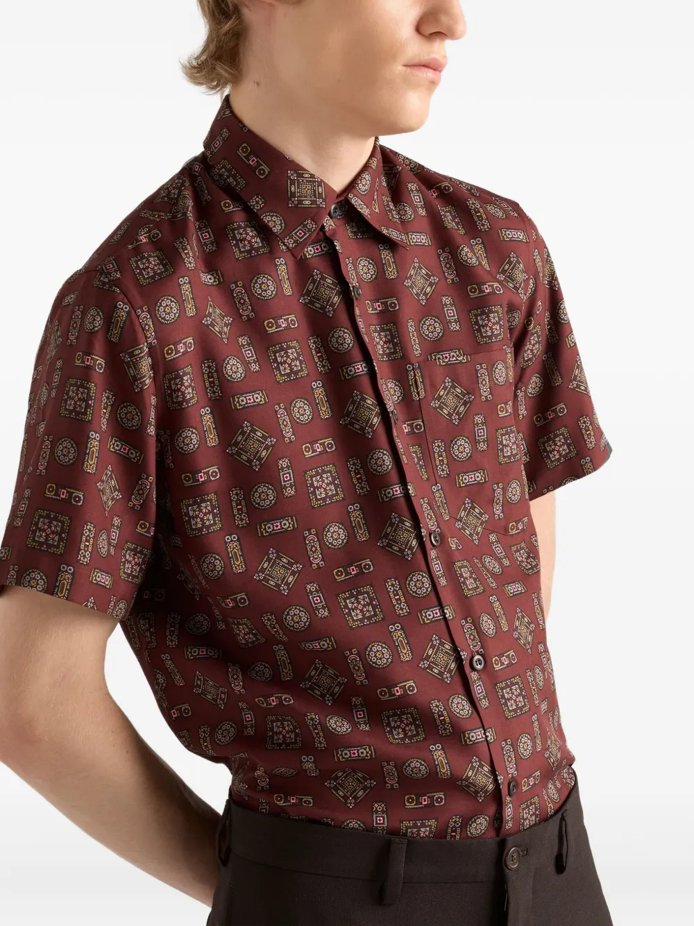 Prada Short-sleeved Printed Silk Shirt In Red