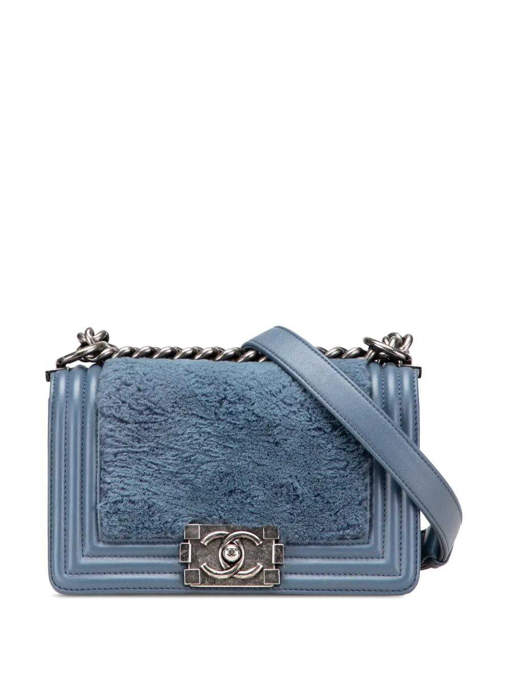 CHANEL Pre-Owned 2013-2014 スモール レザー&ファー ボーイフラップ ショルダーバッグ - ブルー CHANEL Pre-Owned 2013-2014 スモール レザー&ファー ボーイフラップ ショルダーバッグ - ブルー