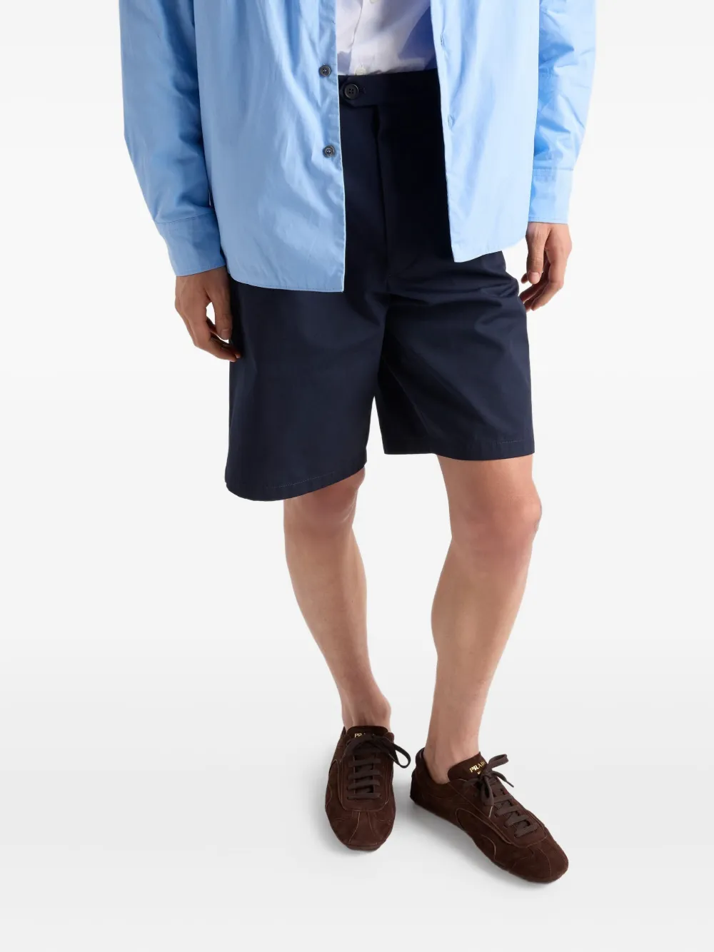 Prada Logo-embroidered Front-pleated Shorts In Blue