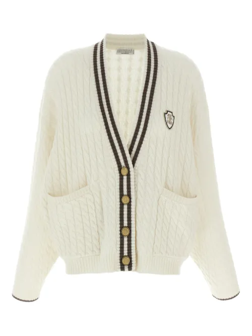 Cardigan en maille torsadée à patch logo - Brunello Cucinelli - Modalova
