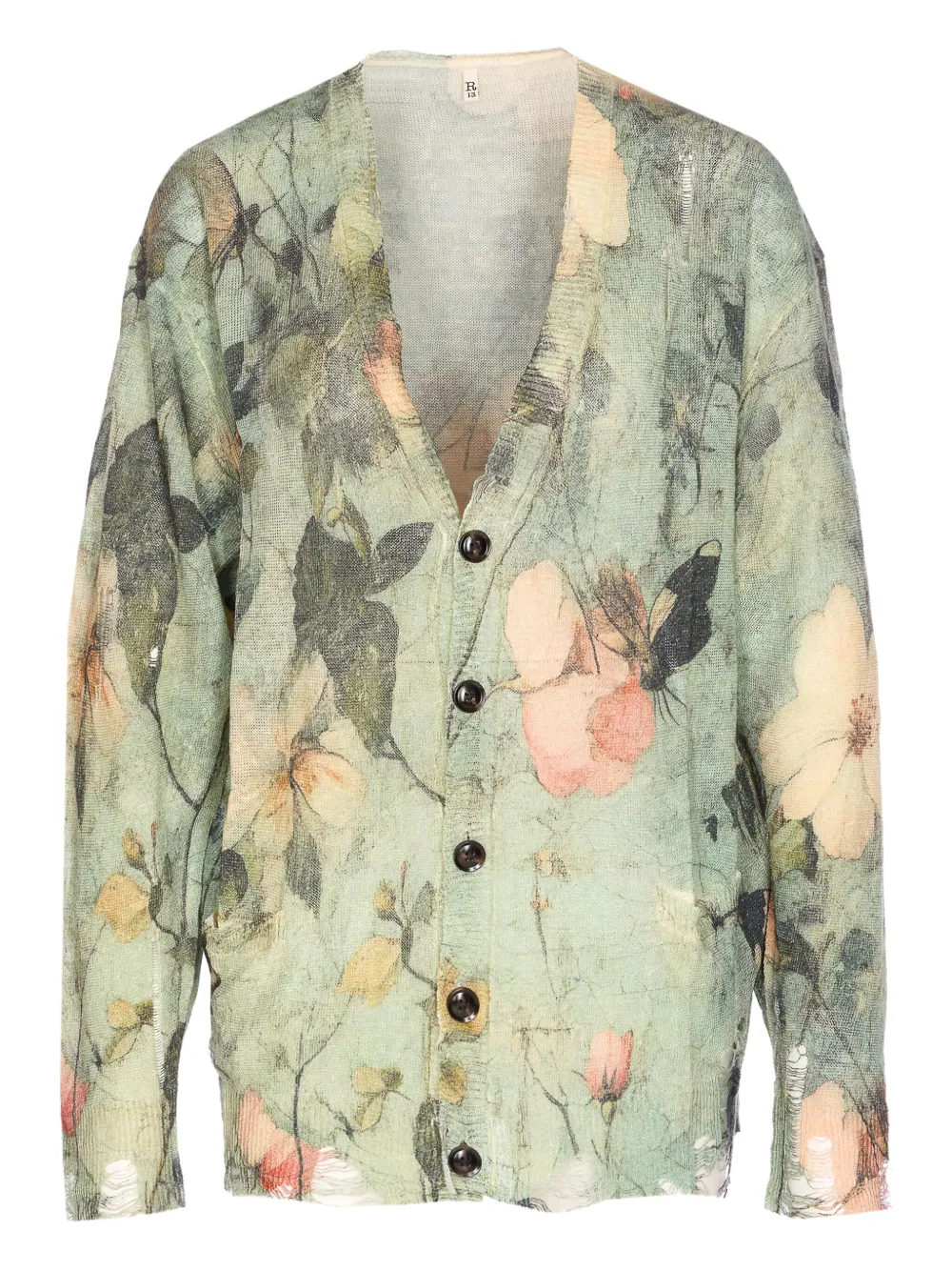 R13 floral-print distressed cardigan Groen