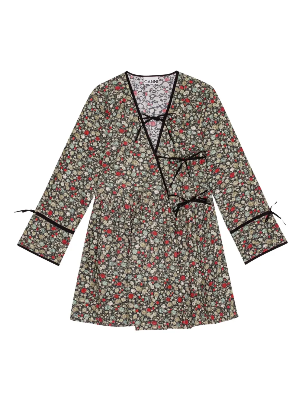 Ganni Tie-detail Floral-print Mini Dress In Multi