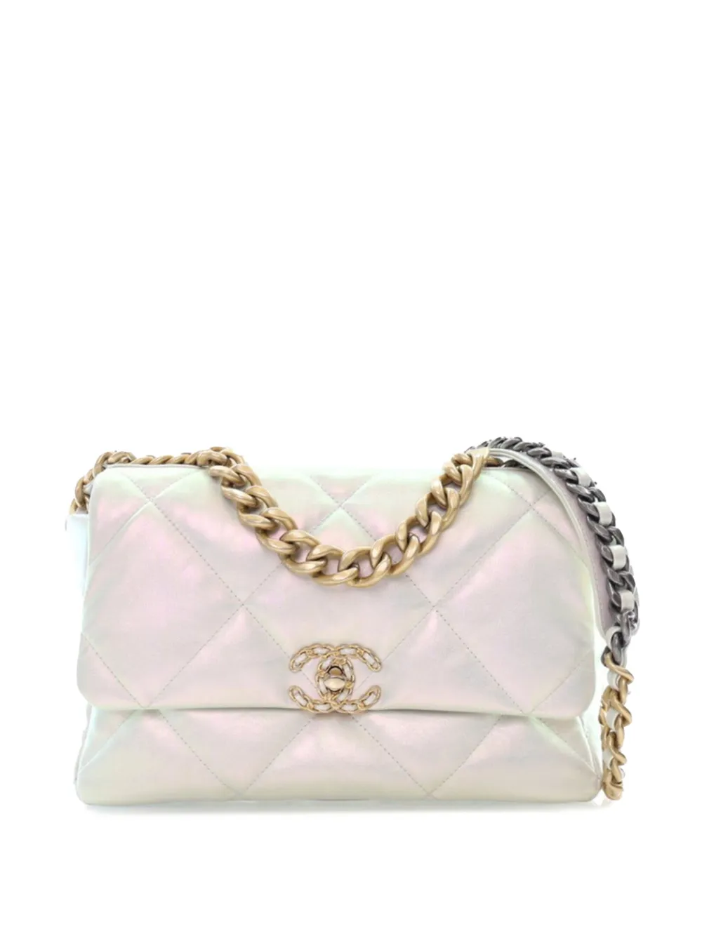 CHANEL Pre-Owned 2021 Large Iridescent Lambskin 19 Flap satchel - ホワイト CHANEL Pre-Owned 2021 Large Iridescent Lambskin 19 Flap satchel - ホワイト