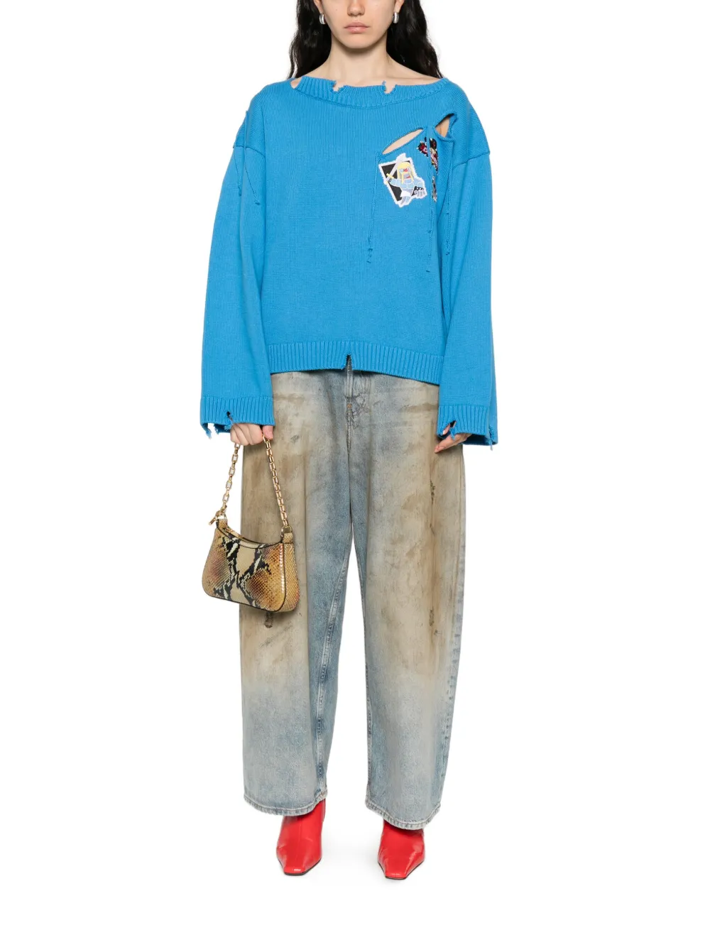 Charles Jeffrey Loverboy patch-detail distressed-effect sweater Blauw