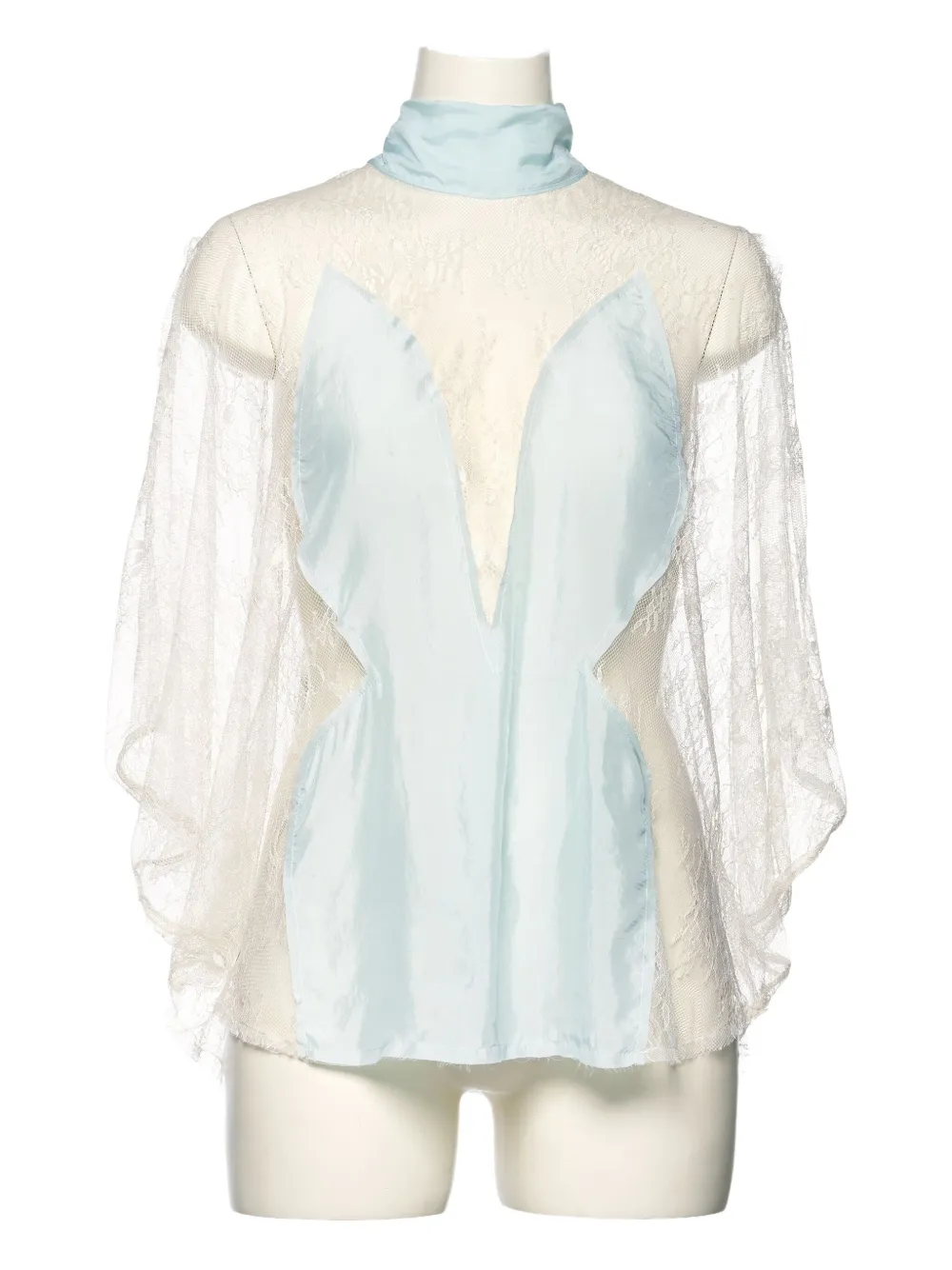 Pushbutton Lace Bow-neck Blouse In Blue