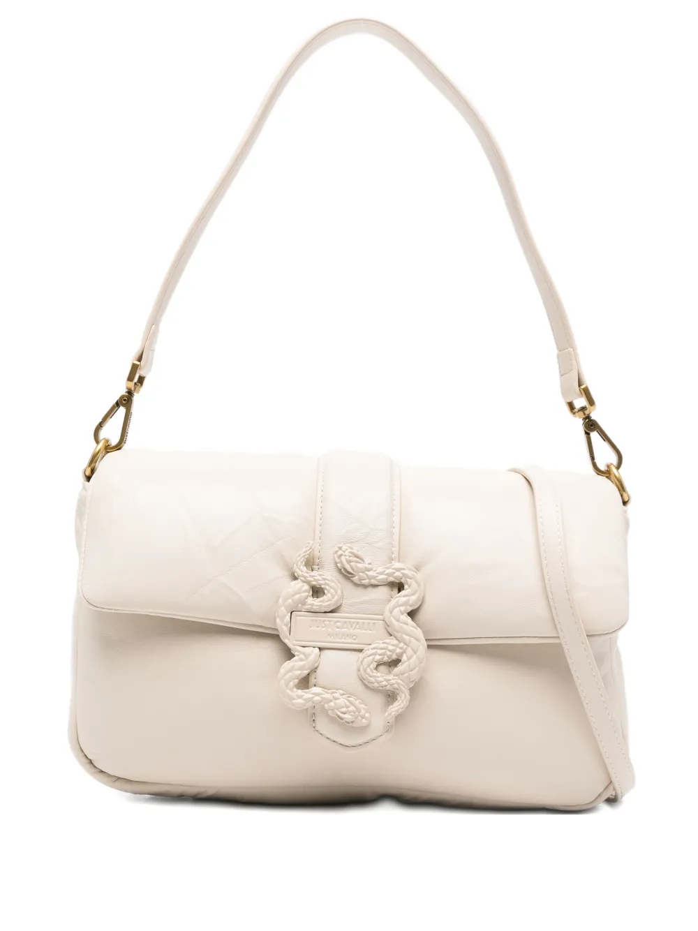Just Cavalli Snake-buckle Shoulder Bag In Neutral