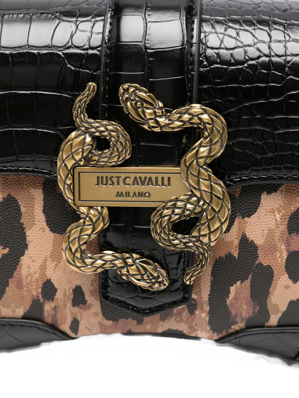 Just Cavalli Snake-buckle Leopard-print Shoulder Bag In Black