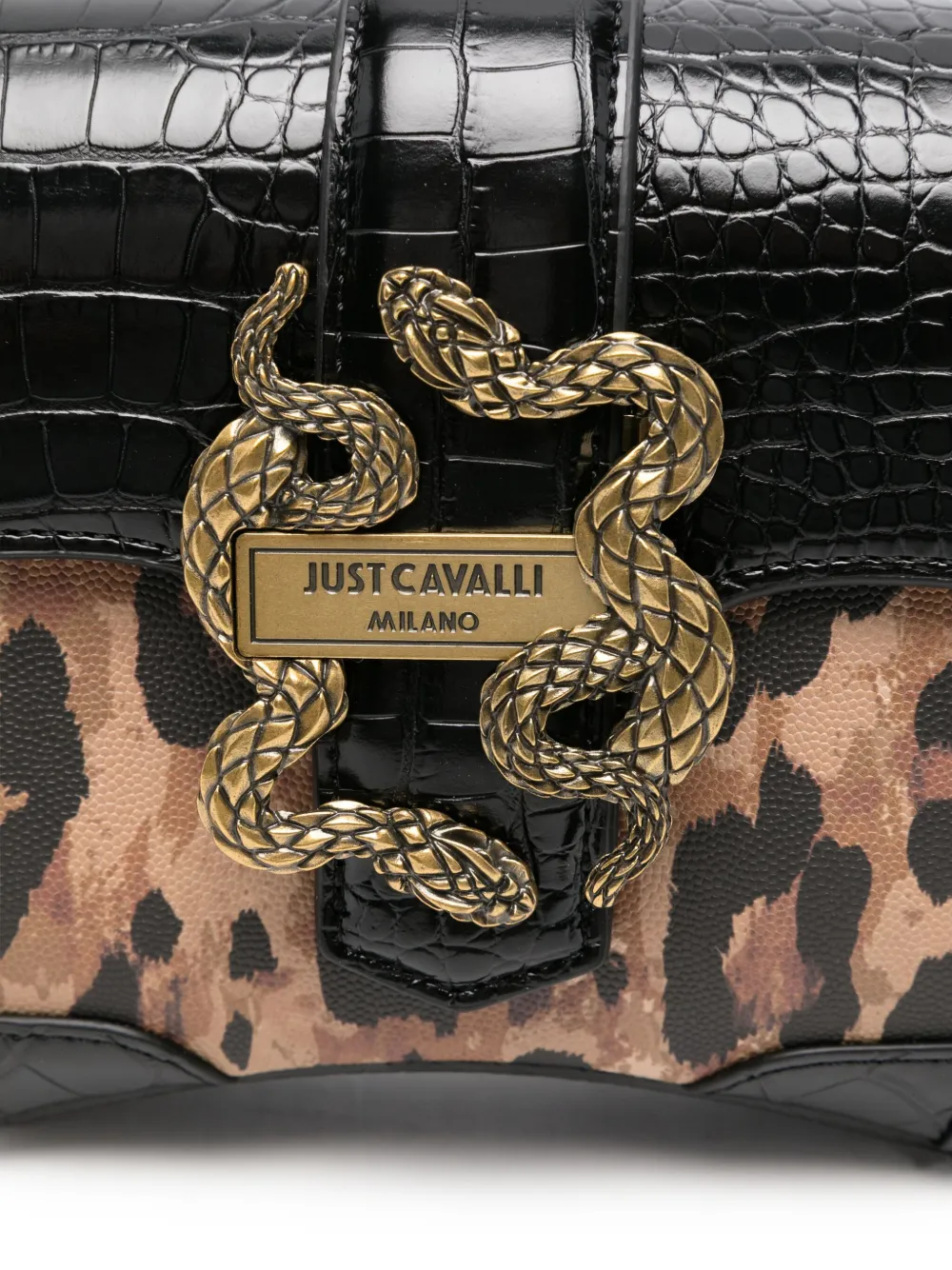 Just Cavalli snake-buckle leopard-print shoulder bag Zwart