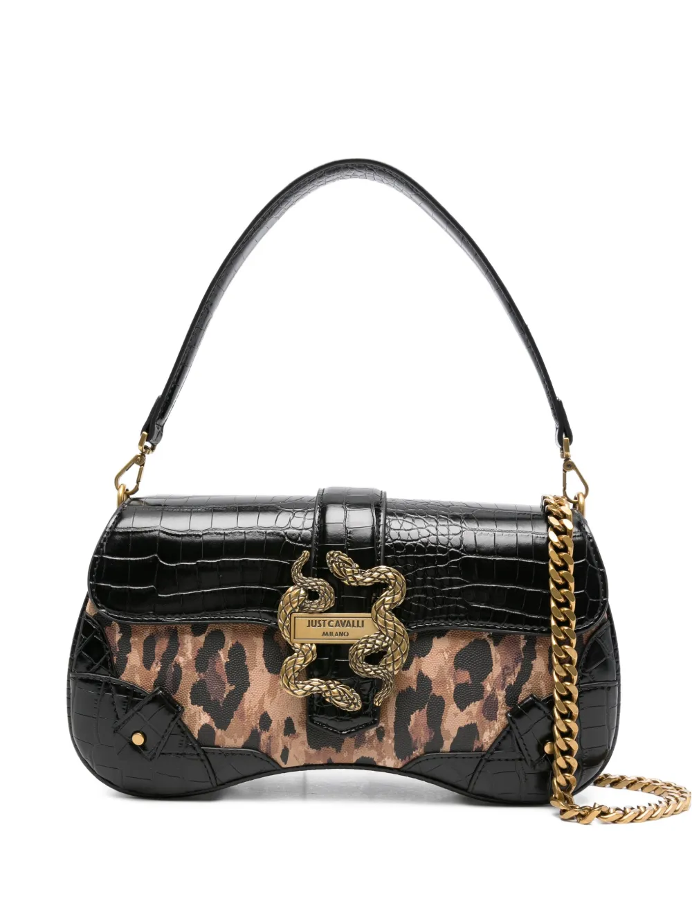 Just Cavalli snake-buckle leopard-print shoulder bag Zwart
