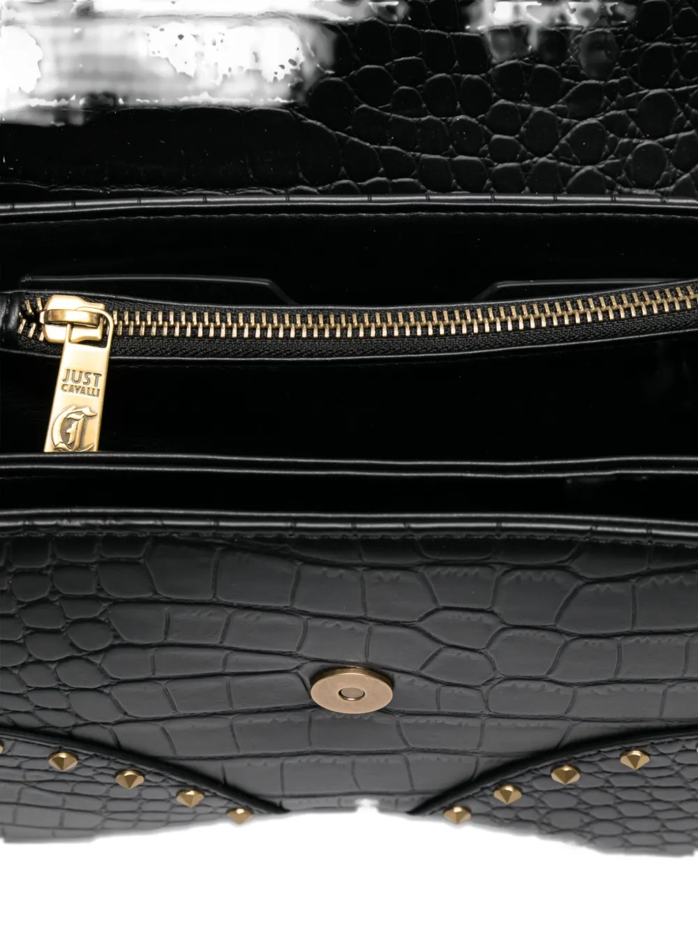 Just Cavalli snake-embellished studded shoulder bag Zwart