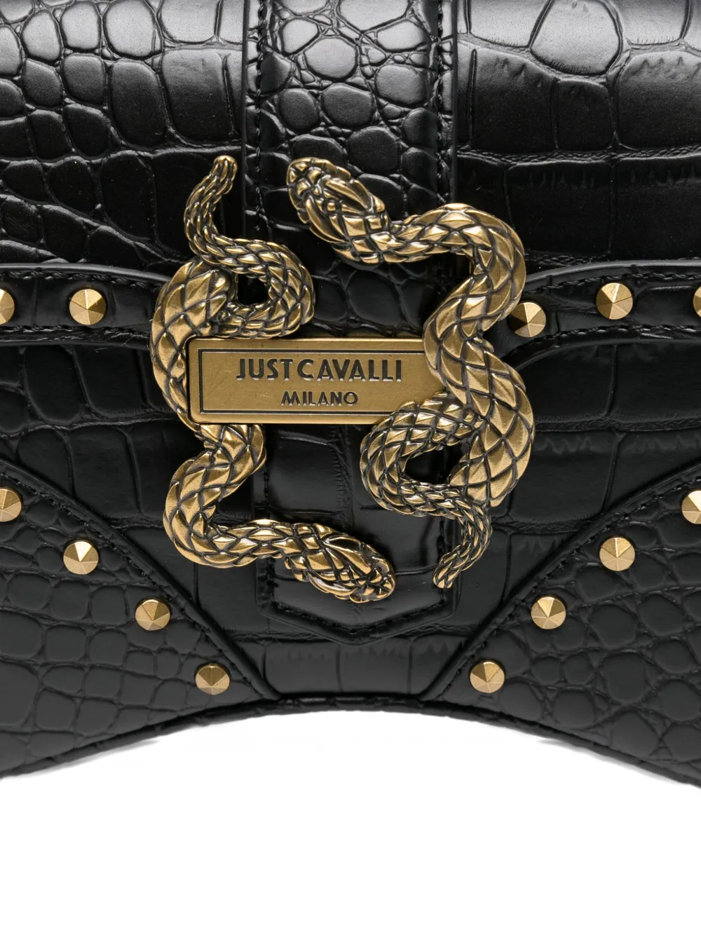 Just Cavalli snake-embellished studded shoulder bag Zwart