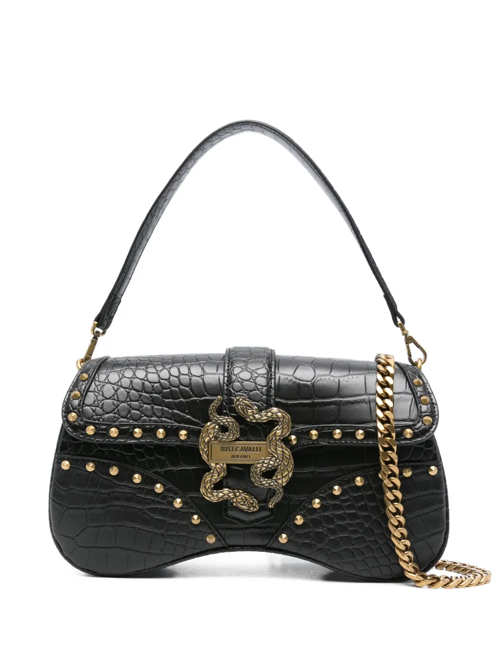 Just Cavalli snake-embellished studded shoulder bag Zwart