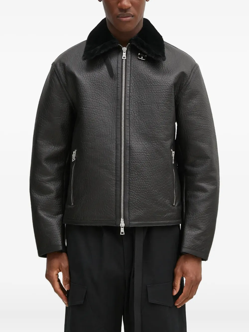 shearling-collar leather jacket