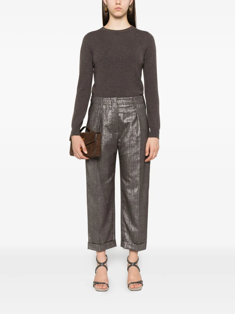 Brunello Cucinelli pleat-detail metallic trousers Bruin