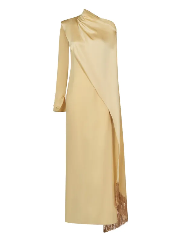 taller marmo gold dress Taller Marmo Mounia Draped Fringe Maxi Dress