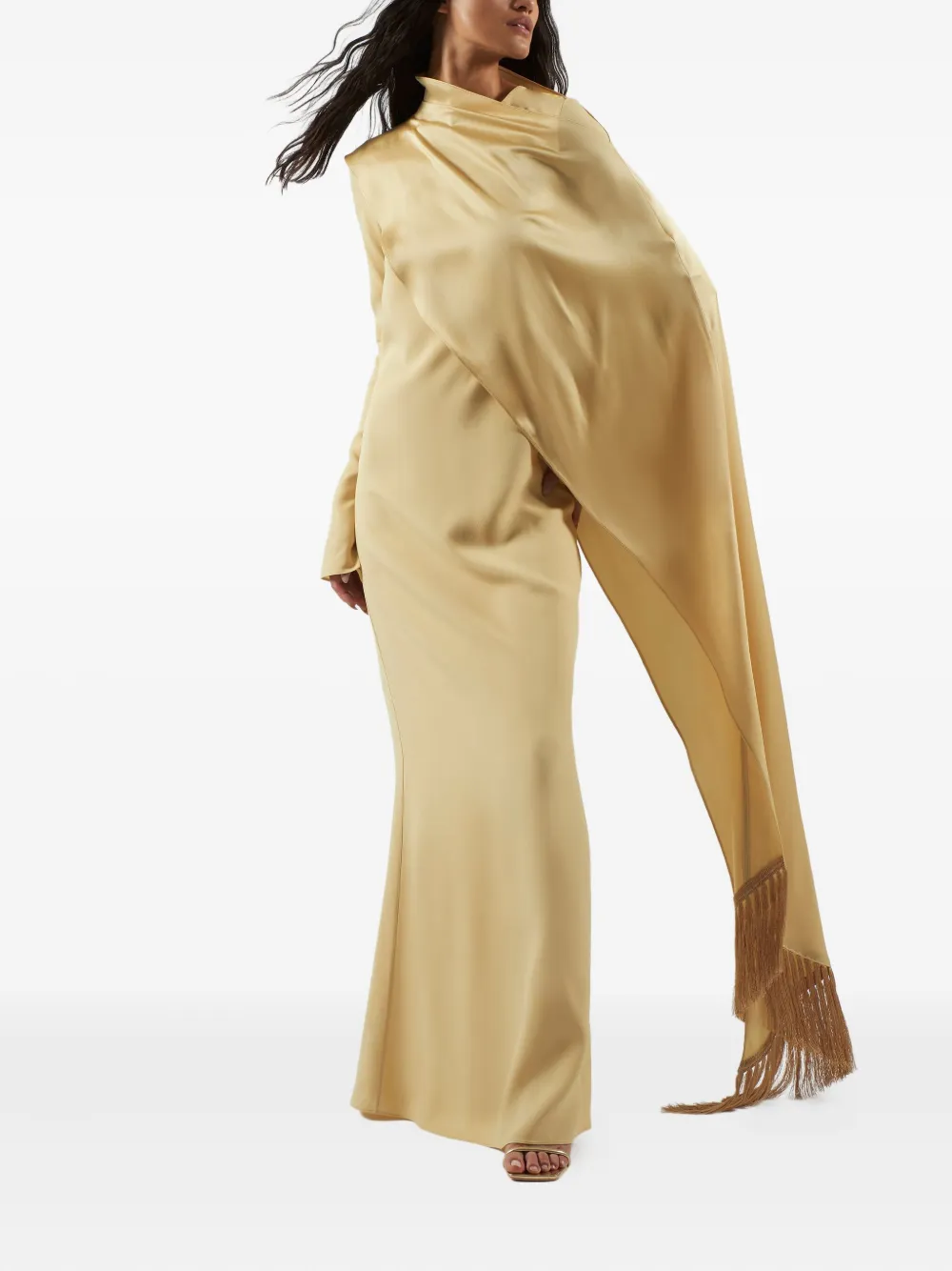 Taller Marmo Mounia gedrapeerde maxi-jurk met franje Beige