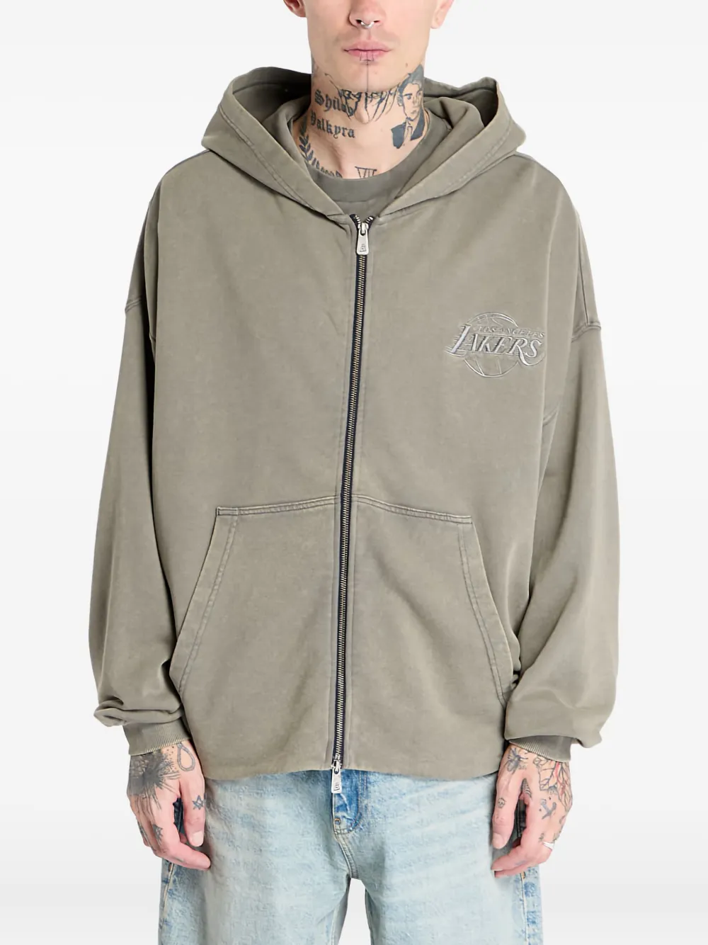New Era Lakers Logo Washed Zip-up Hoodie In Gray