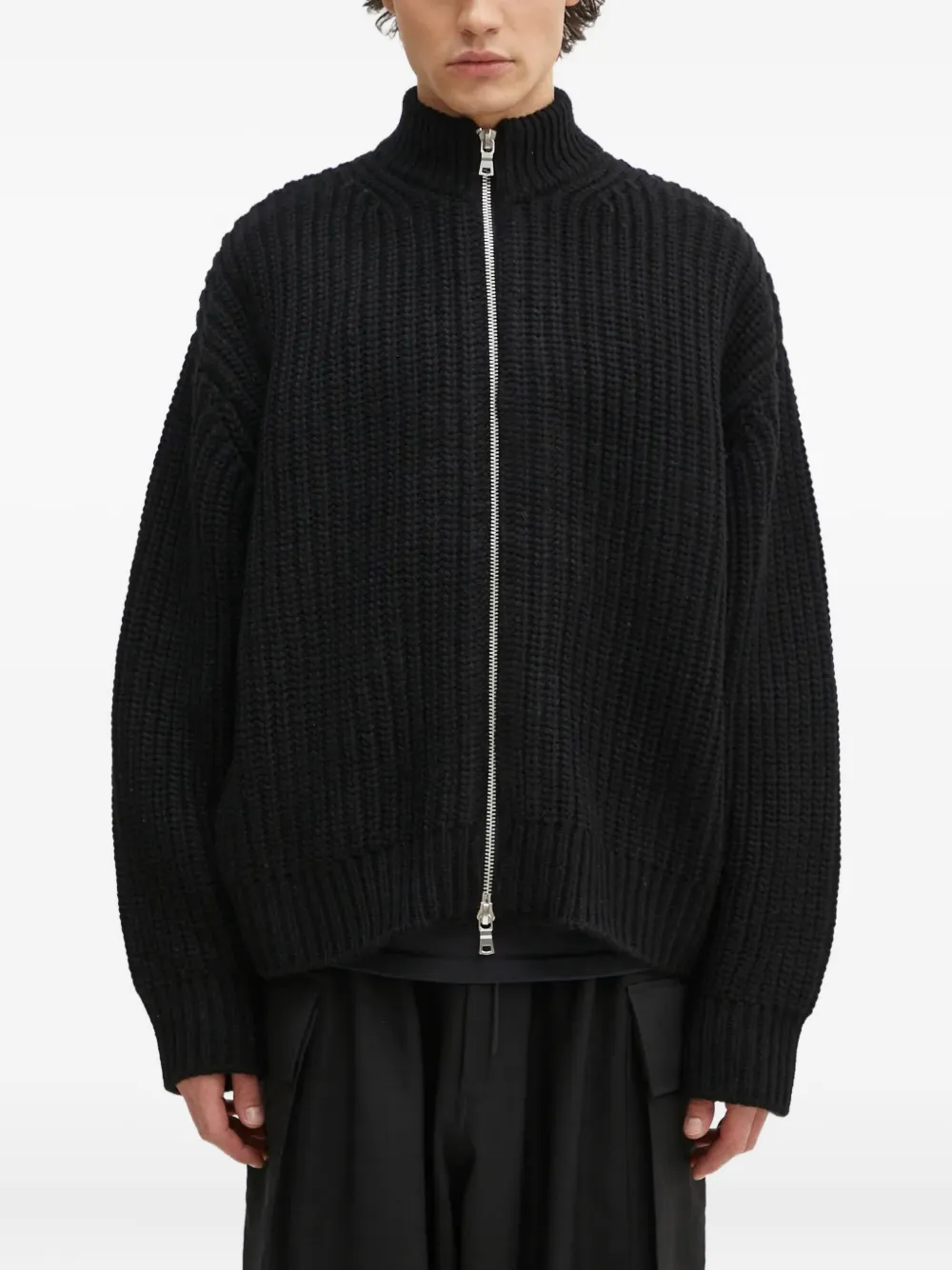 ribbed zip-up cardigan