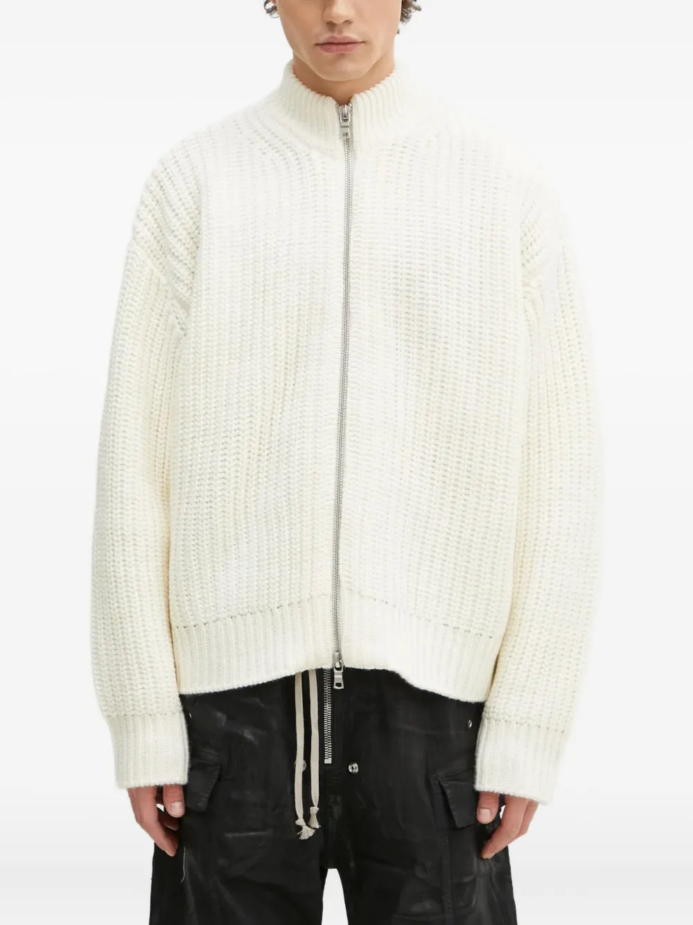 ribbed high-neck zip-up cardigan