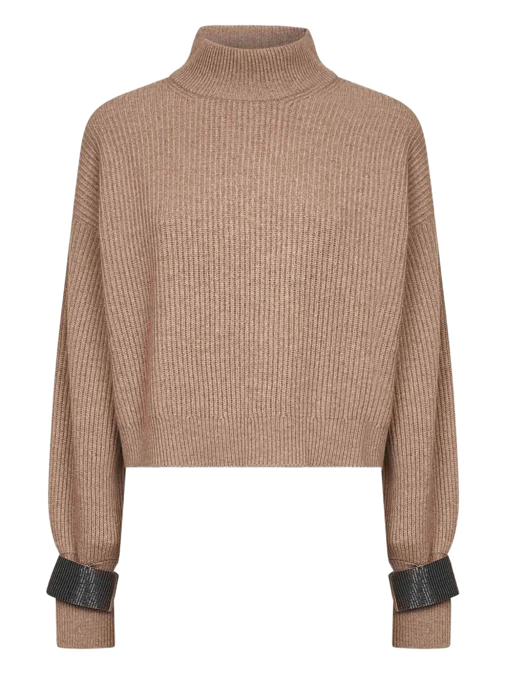 Brunello Cucinelli Trui met verfraaide cuffs en hoge hals Bruin