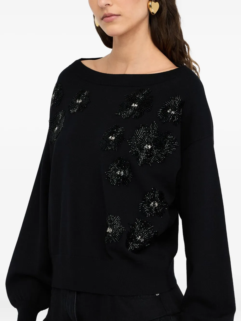 LIU JO rhinestone-embellished puff-sleeve sweater Zwart