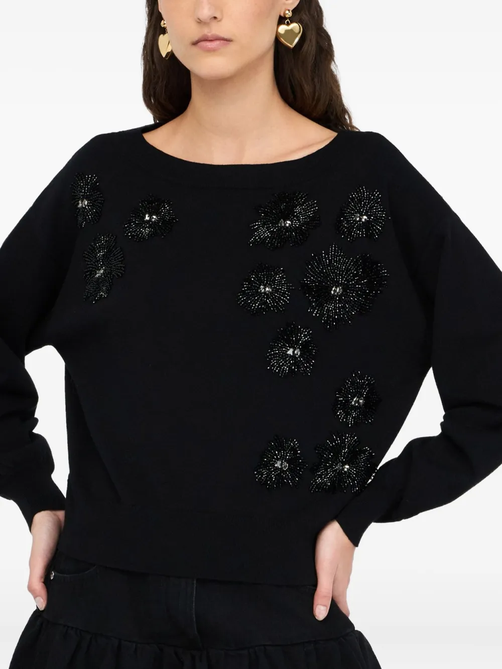 LIU JO rhinestone-embellished puff-sleeve sweater Zwart