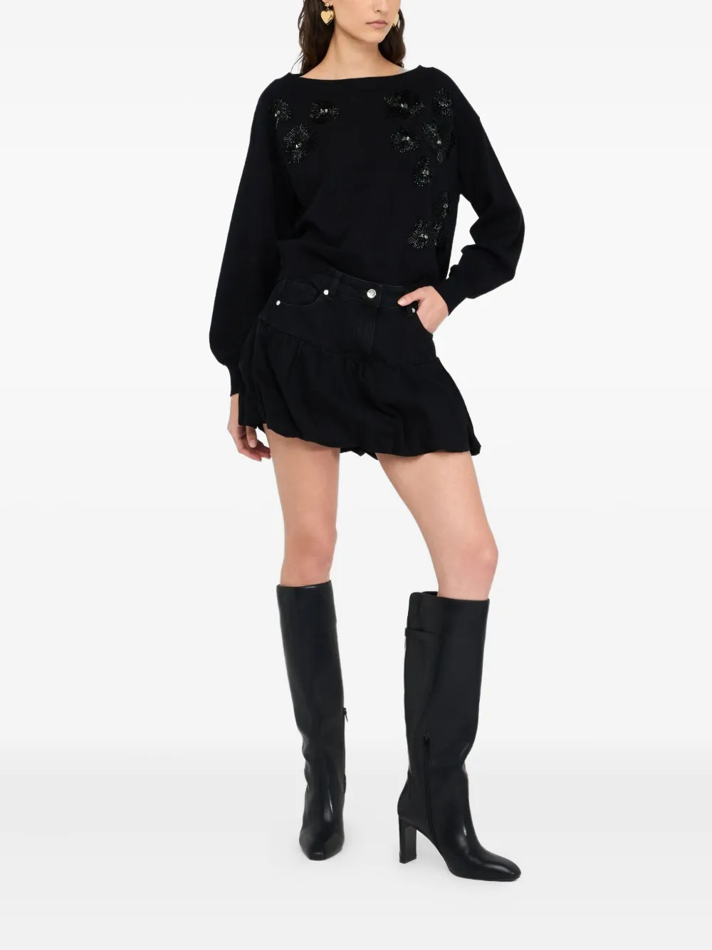 LIU JO rhinestone-embellished puff-sleeve sweater Zwart