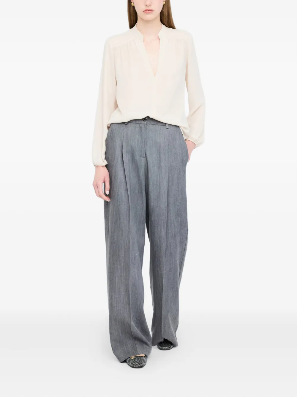 LIU JO mandarin-collar V-neck blouse Beige