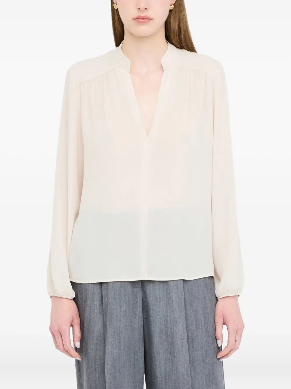 LIU JO mandarin-collar V-neck blouse Beige