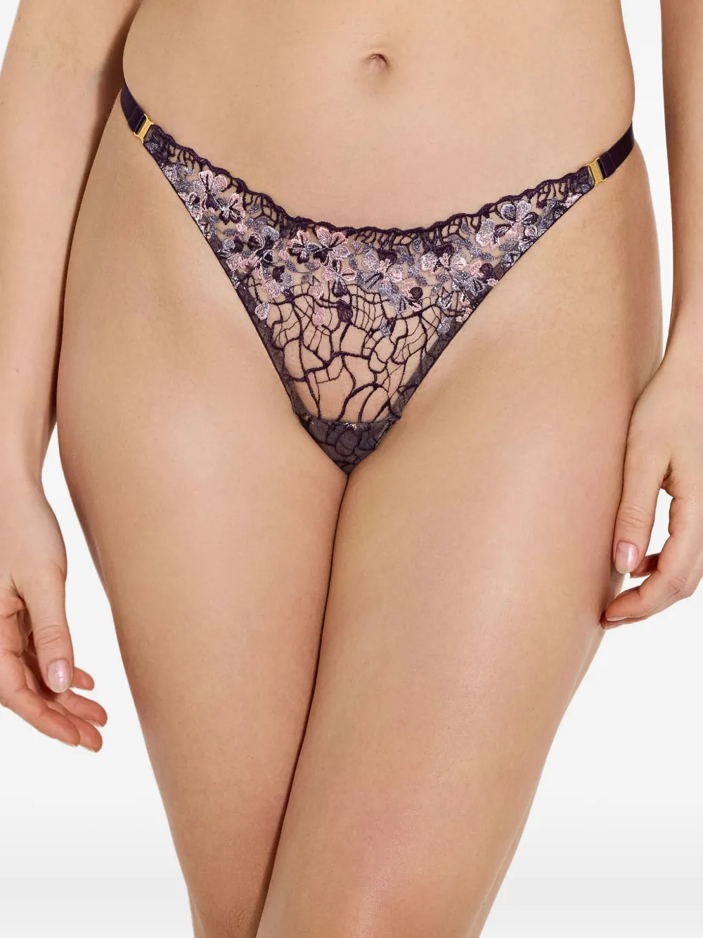 Bordelle Amela Floral-lace Strap Thong In Purple