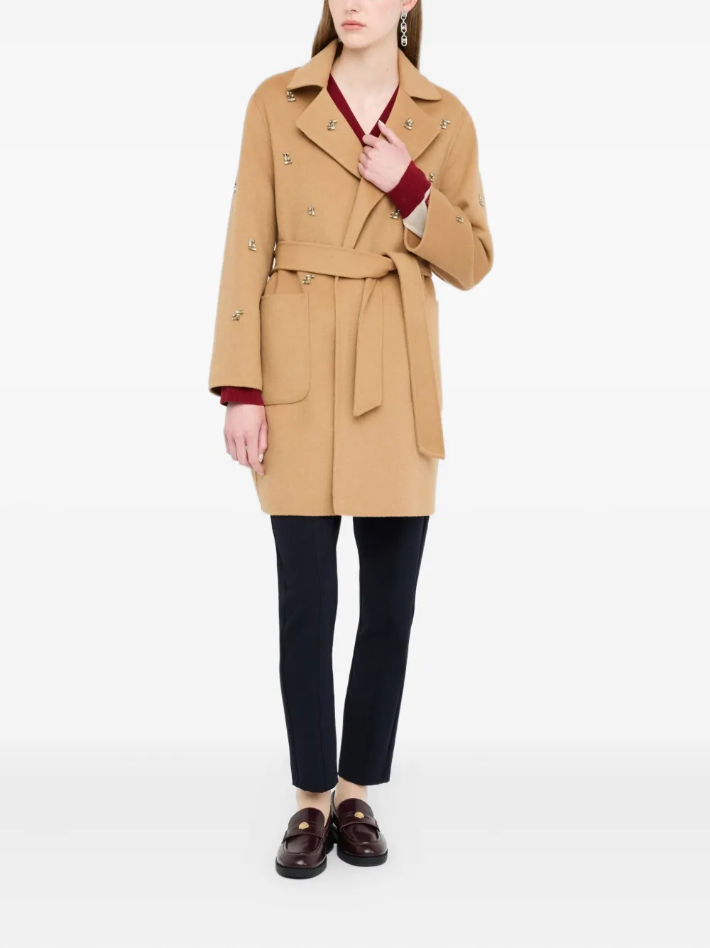 Liu •jo Wool Coat With Bejewelled Embroidery In Brown