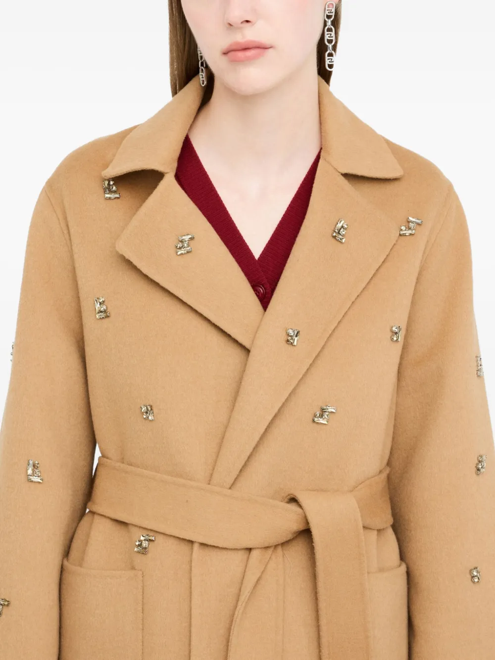 Liu •jo Wool Coat With Bejewelled Embroidery In Brown