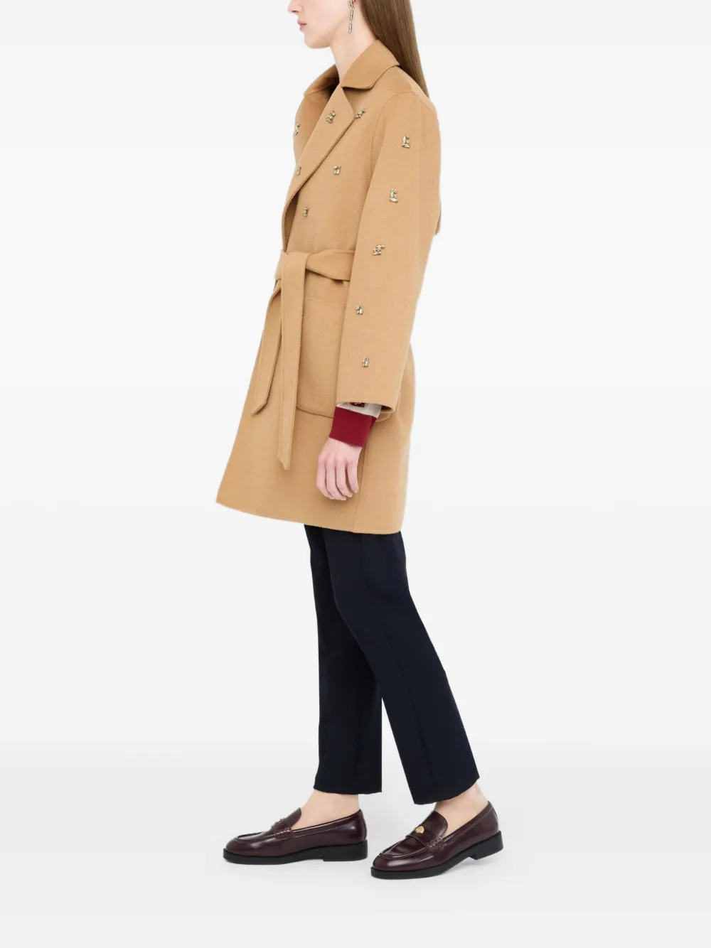 Liu •jo Wool Coat With Bejewelled Embroidery In Brown