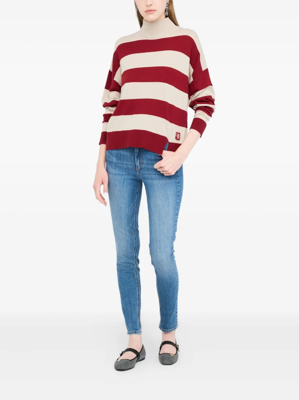 Liu •jo Striped Wool-blend Mock Polo-neck In Red