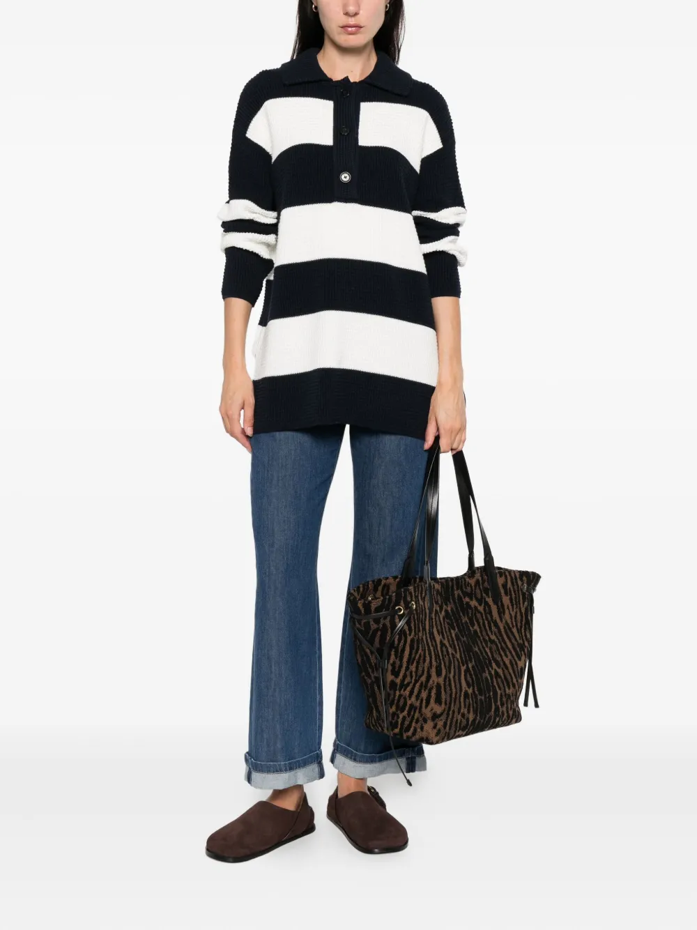 Closed striped knitted polo top Blauw