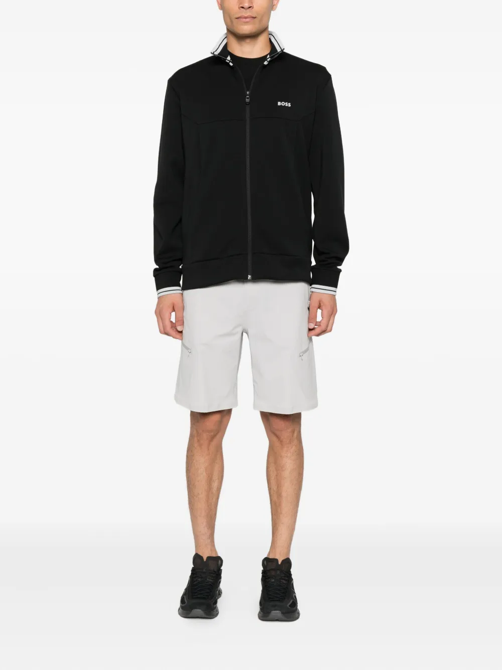 BOSS Sweater met gestreepte manchetten en rits - Zwart