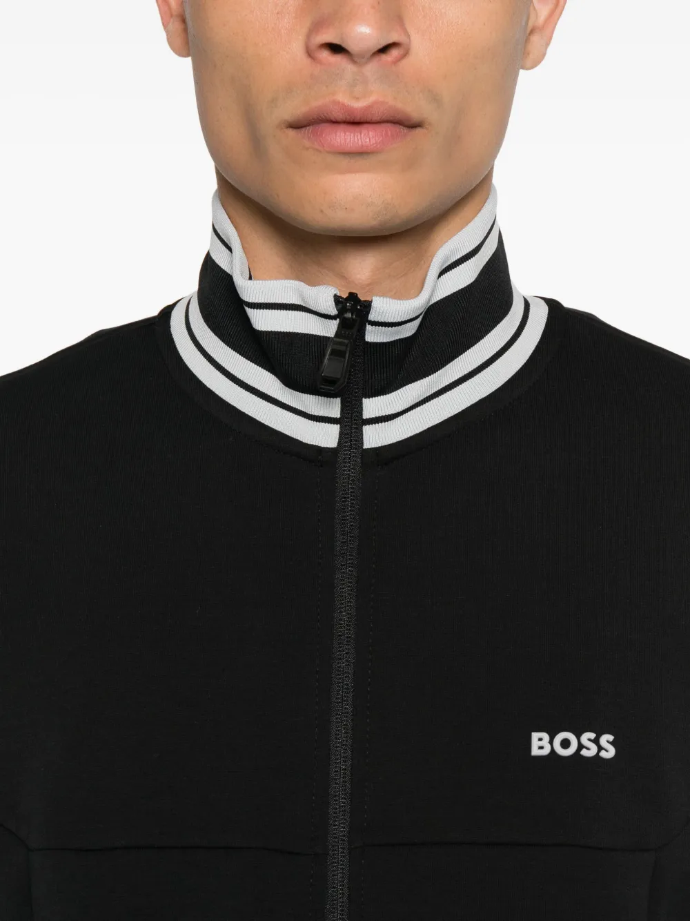 BOSS Sweater met gestreepte manchetten en rits Zwart